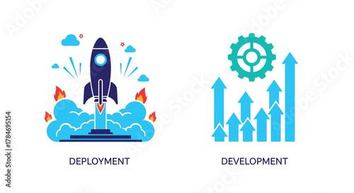 Vector illustration of two icons representing deployment and development, with a rocket launching and upward trending arrows with a gear