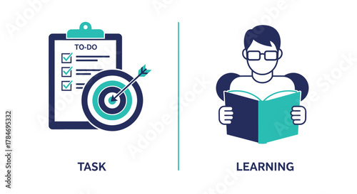 Vector illustration of conceptual illustration comparing task management and learning, showing a todo list and target on the left, and a person reading a book on the right