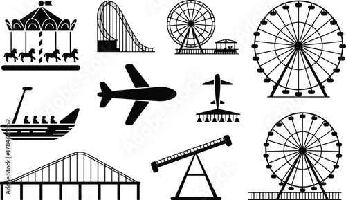 Amusement park, Ferris wheel, carousel ride, roller coaster, pirate ship ride, airplane silhouette, bridge structure, seesaw ride, black and white, festive layout, entertainment icons, ride variety