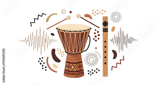 Cartoon Djembe Drum Flute and Drumsticks with Abstract Design Music and Sound Illustration