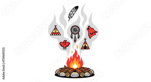 Native American Campfire with Tribal Symbols Dream Catcher Feather Teepee and Wolf