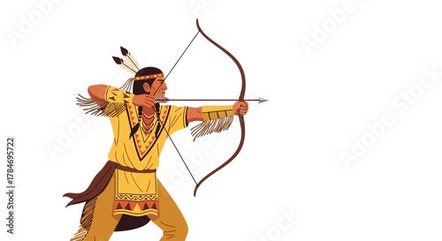 Native American Archer Drawing Bow Hunting or Fighting Concept Isolated