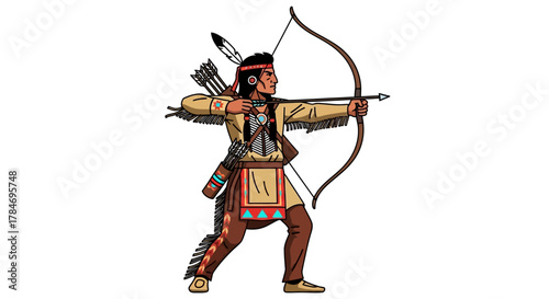 Native American Archer Drawing Bow and Arrow Isolated on White