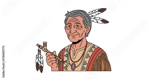 Elderly Native American Man Holding Peace Pipe Illustration
