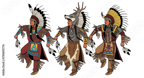 Native American Dancers in Traditional Regalia Isolated on White