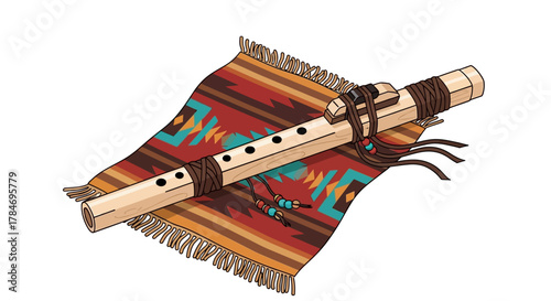 Native American Flute on Colorful Woven Blanket Cultural Illustration
