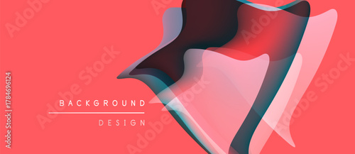 Abstract fluid shapes overlap, creating vibrant coral background. Design features translucent layers, modern aesthetic.