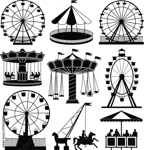 Amusement park, Ferris wheel, carousel ride, swing ride, spinning attraction, ticket booth, silhouette design, black and white, festive layout, entertainment icons, classic rides, grid format