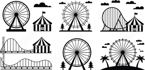 Amusement park, Ferris wheel, roller coaster, circus tent, silhouette style, black and white, festive vibe, minimal design, clouds, flags, palm trees, pine trees,