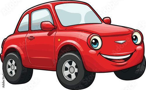 Cartoon red car character, smiling face with expressive eyes, friendly vehicle illustration, vector for kids, transportation, travel, education, animation