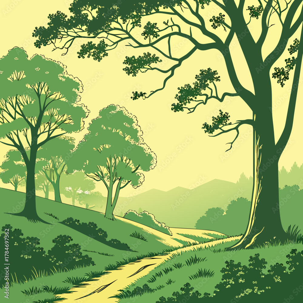 Obraz premium Stylized green landscape with rolling hills and a winding path