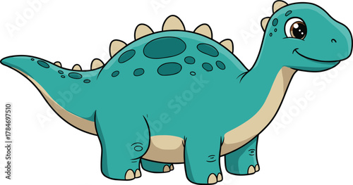 Cartoon dinosaur character, teal sauropod with friendly smile, long neck, vector illustration for kids, prehistoric, education, wildlife, Jurassic theme