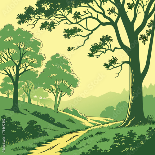 Stylized green landscape with rolling hills and a winding path