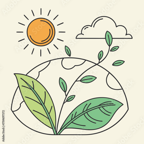 Stylized earth with growing plants sun and cloud illustration