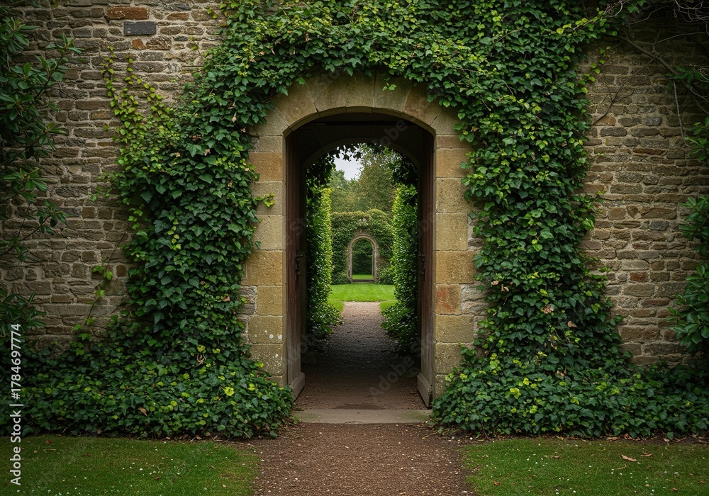 Fototapeta premium An enchanting, secluded garden entrance, framed by ancient stone and climbing ivy, hints at a hidden, tranquil world within ,entrance ,vibrant ,refuge