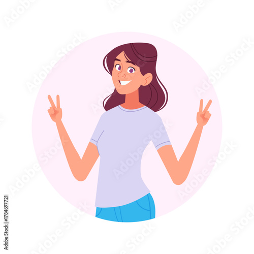Smiling Young Woman Making Peace Sign with Both Hands
