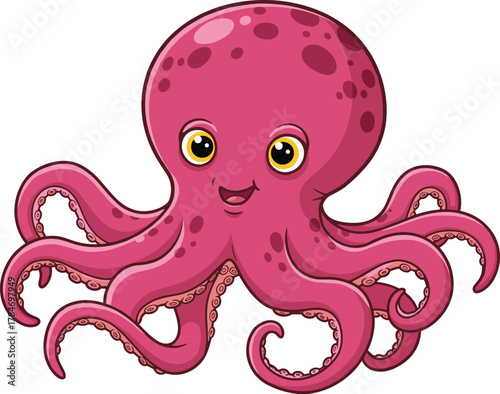 Cartoon pink octopus character, smiling sea animal with curled arms, suction cups, marine creature vector illustration for kids, ocean, education, wildlife