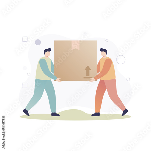 Two Men Carry Cardboard Box Together With Care On White Background Modern Flat Illustration