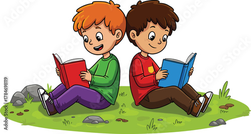 Cartoon kids reading books, outdoor learning scene, back-to-back children, grassy patch, educational vector illustration for literacy, school, study, nature