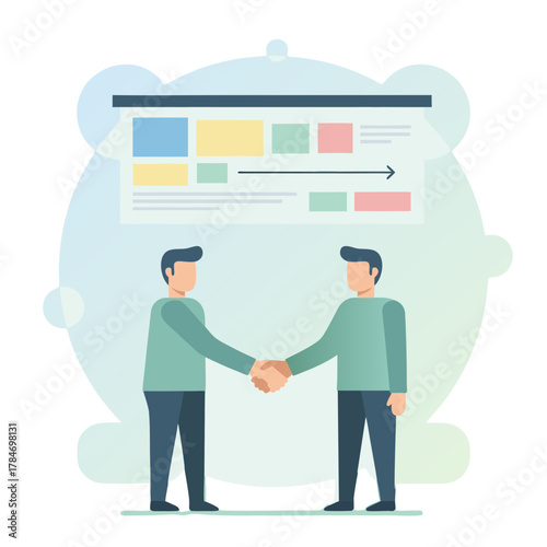 Two men in teal shirts and dark pants shaking hands across a virtual connection representing a long distance business agreement facilitated by technology and a digital display showing project