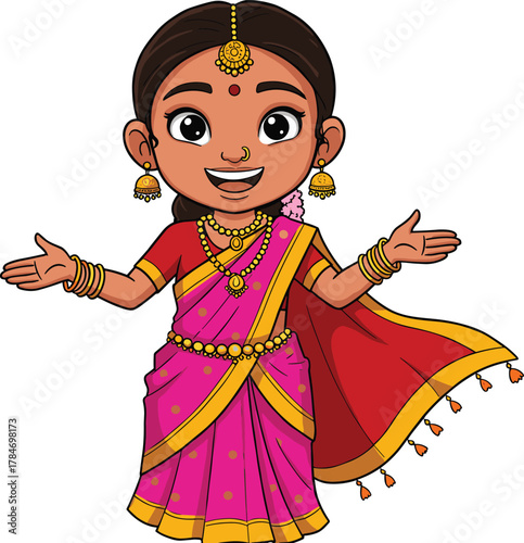 Cartoon Indian girl character, traditional saree outfit, festive costume, cultural attire, jewelry, braid with flowers, vector illustration for kids, education