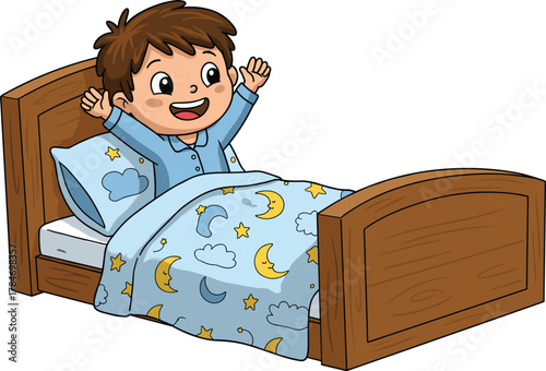 Cartoon child waking up, morning routine in bed, smiling boy in pajamas, cheerful wake-up scene, vector illustration for kids, sleep, education