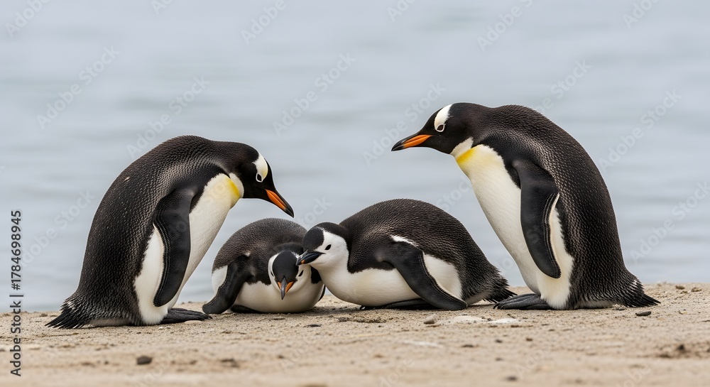 Naklejka premium A family of penguins on a sandy beach with calm water in the background, showcasing their natural habitat and social behavior in a peaceful setting