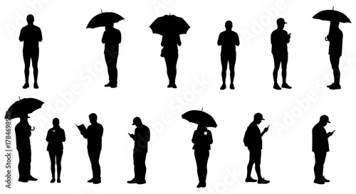silhouettes of people diverse crowd of pedestrians standing and using phones in various poses under umbrellas depicting urban life and anonymity