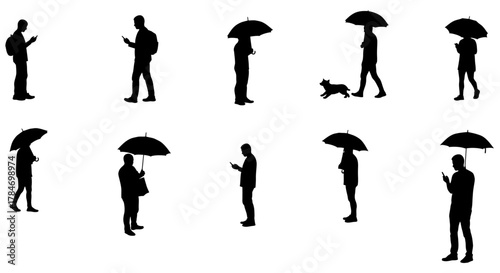 silhouettes of people walking in the rain while using smartphones creating an urban scene and showcasing technology in everyday life