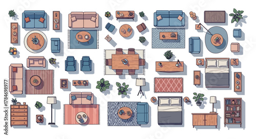 Top view furniture layout for interior design planning creating cozy home decor used for architectural visualization home staging and floor plans.