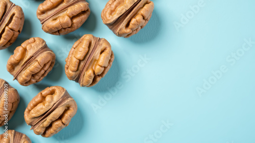 Walnuts arranged on light blue background, showcasing their unique texture and shape, evoke sense of natural beauty and health