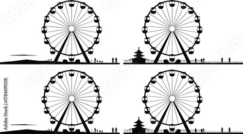 Ferris wheel, amusement park, fairground ride, silhouette design, black and white, pavilion structure, cultural variation, passenger cabins, visual comparison, festive attraction, entertainment icon, 
