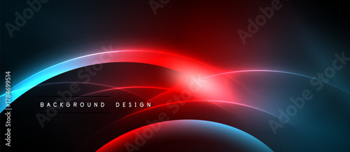 Abstract design features vibrant blue, red curves. Dark background enhances glowing effect. Modern aesthetic, dynamic composition.