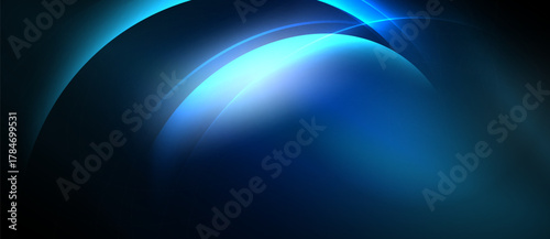 Abstract blue shapes create luminous curves, gradients. Dark background emphasizes bright central glow, modern design.