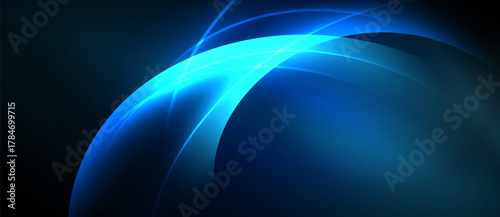Abstract blue curves, flowing lines, dark background. Modern design, vibrant energy, simple composition. Light trails suggest movement.