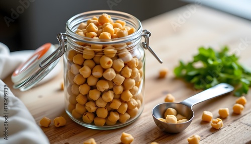 Clear jar of chickpeas, measuring spoon resting, warm tones