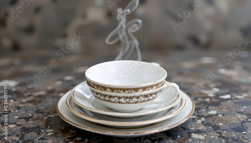 Crisp stack of saucers offset quarter turn, graphic rhythm