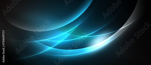 Abstract design features flowing blue curves, gradients, bright highlights against dark background. Modern, dynamic composition.