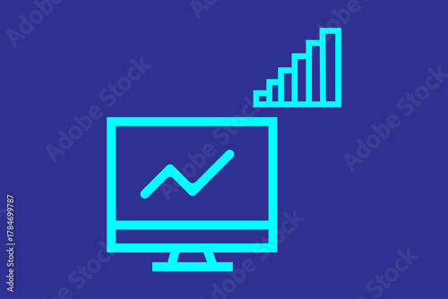 A neon-blue line icon centered around a desktop computer monitor. The monitor displays a wavy line chart with an upward trend/check mark.