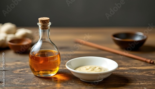 Sesame oil bottle, white dipping dish, delicate speculars