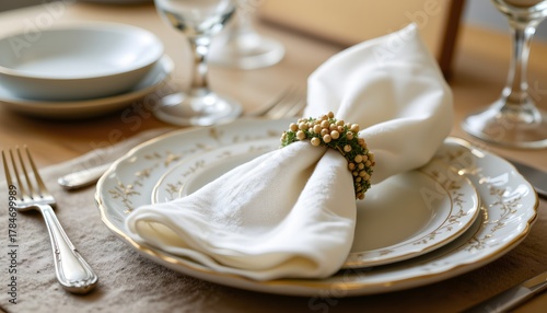 Neutral napkin ring on folded linen, dish behind, measured elegance