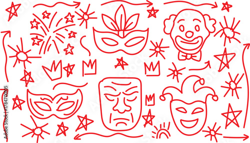 Carnival and theater masks with festive elements collection of red line drawings featuring theatrical masks, a clown face, crowns, stars, and celebratory fireworks for a festive theme.