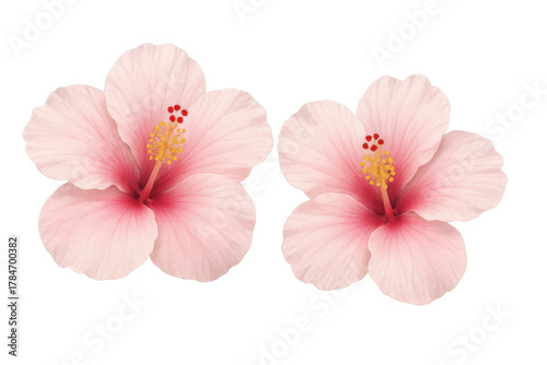 Pink hibiscus flowers blooming, tropical flora elegance, vibrant summer elements on transparent background