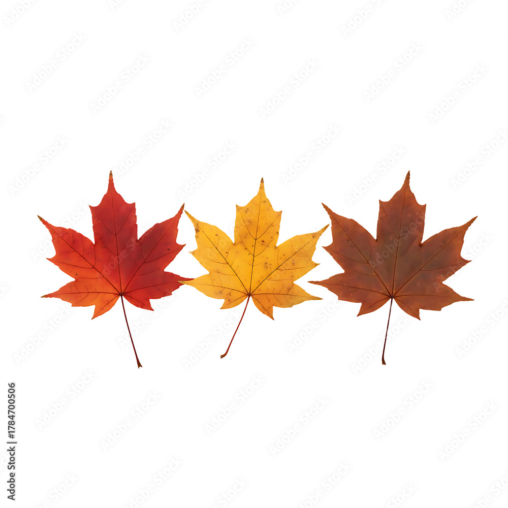 Fototapeta premium Three vibrant autumn leaves showcasing the beauty of fall foliage in a row.