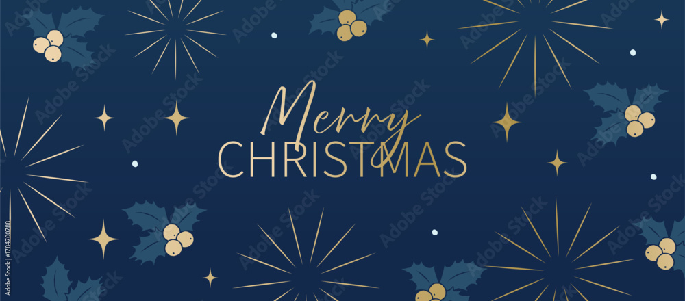 Obraz premium Merry Christmas text with golden stars and holly berries on dark blue background. Holiday template with decorative elements and copy space. Winter season and Christmas celebration concept