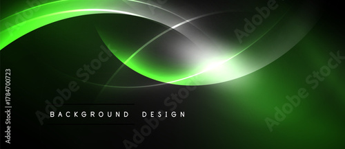 Dark background features vibrant green curves, bright light streaks. Modern design suggests energy, movement, technology. Simple text reads background design.