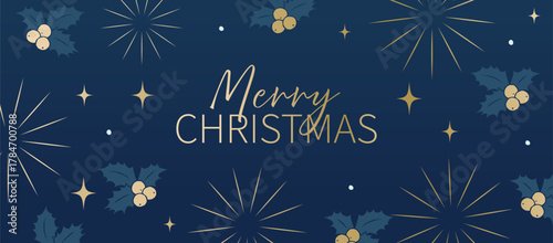 Merry Christmas text with golden stars and holly berries on dark blue background. Holiday template with decorative elements and copy space. Winter season and Christmas celebration concept