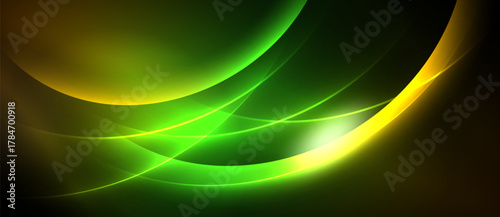 Abstract design features flowing curves, vibrant green, yellow hues. Dark background emphasizes luminosity, creating dynamic visual effect.