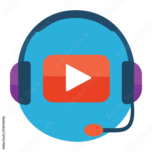Online video icon with headset and play button for streaming learning customer support and digital education content