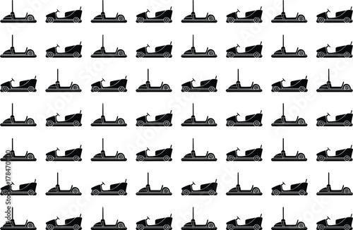 Seamless pattern of bumper cars and racing vehicles, black silhouette icons of amusement park rides, electric car design background vector for transport illustration